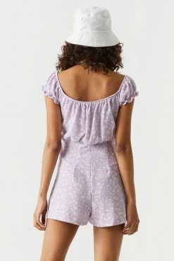 Stitches Ladies Printed Off The Shoulder Crisscross Cut-Out Ruffled Romper Jumpsuits + Rompers