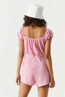 Stitches Ladies Printed Off The Shoulder Crisscross Cut-Out Ruffled Romper Jumpsuits + Rompers