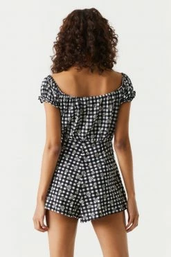 Stitches Ladies Off The Shoulder Crisscross Cut-Out Gingham Ruffled Romper Jumpsuits + Rompers 10 Stitches Ladies Off The Shoulder Crisscross Cut-Out Gingham Ruffled Romper Jumpsuits + Rompers