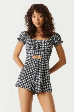 Stitches Ladies Off The Shoulder Crisscross Cut-Out Gingham Ruffled Romper Jumpsuits + Rompers 9 Stitches Ladies Off The Shoulder Crisscross Cut-Out Gingham Ruffled Romper Jumpsuits + Rompers