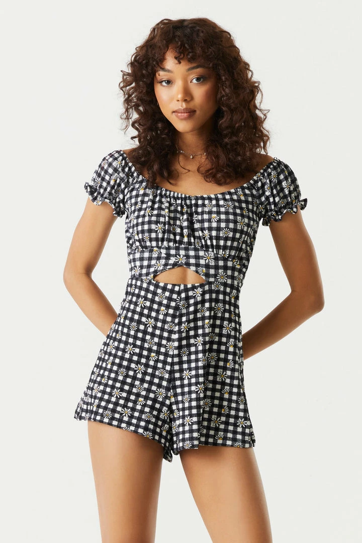 Stitches Ladies Off The Shoulder Crisscross Cut-Out Gingham Ruffled Romper Jumpsuits + Rompers 4 Stitches Ladies Off The Shoulder Crisscross Cut-Out Gingham Ruffled Romper Jumpsuits + Rompers