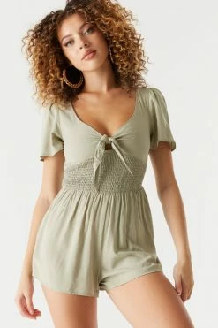 Stitches Ladies V-Neck Knot Front Smocked Romper