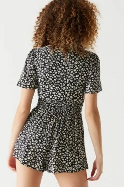 Stitches Ladies Printed V-Neck Knot Front Smocked Romper