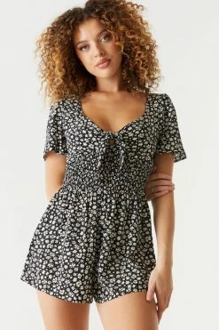 Stitches Ladies Printed V-Neck Knot Front Smocked Romper