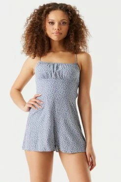 Stitches Ladies Jumpsuits + Rompers Lavender Print Self-Tie Strap Milkmaid Romper