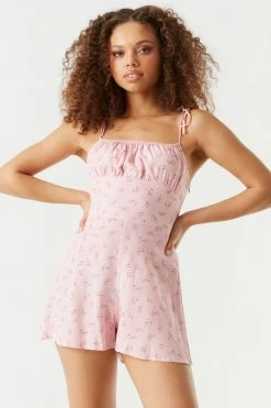 Stitches Ladies Cherry Blossom Print Self-Tie Strap Milkmaid Romper Jumpsuits + Rompers