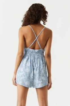 Stitches Ladies Jumpsuits + Rompers Blue Floral Paisley Print Smocked Waist Romper