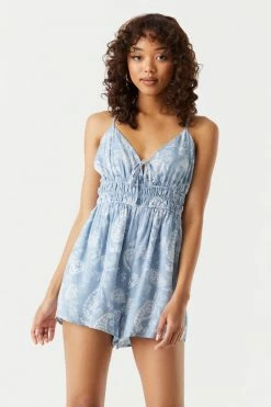 Stitches Ladies Jumpsuits + Rompers Blue Floral Paisley Print Smocked Waist Romper