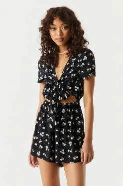 Stitches Ladies Jumpsuits + Rompers Daisy Print Self-Tie Front Knot Romper