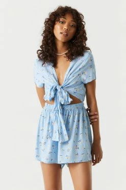 Stitches Ladies Jumpsuits + Rompers Daisy Print Self-Tie Front Knot Romper