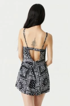 Stitches Ladies Paisley Print Button-Up Front Wide Short Romper Jumpsuits + Rompers