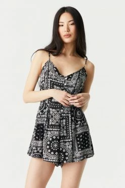 Stitches Ladies Paisley Print Button-Up Front Wide Short Romper Jumpsuits + Rompers