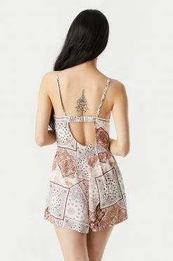 Stitches Ladies Floral Patchwork Print Button-Up Front Wide Short Romper Jumpsuits + Rompers