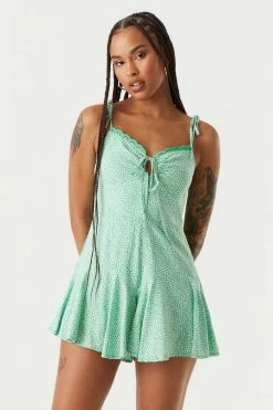 Stitches Ladies Jumpsuits + Rompers Floral Print Self-Tie Lace Trim Peasant Romper