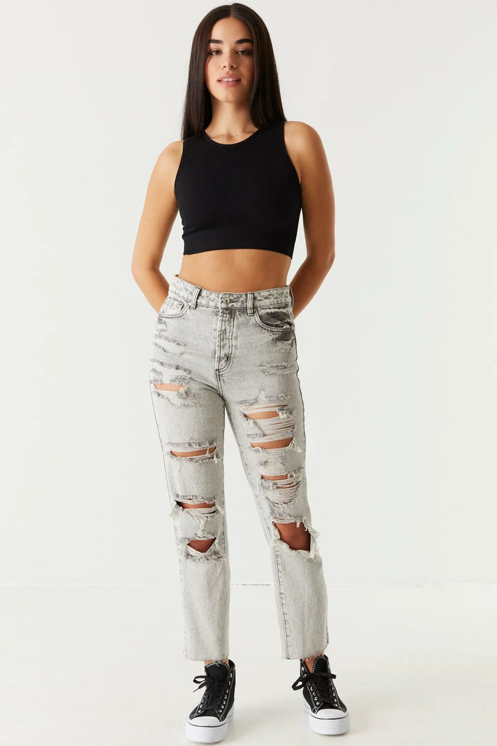 Stitches Ladies Refuge High-Rise Distressed Washed Grey Cropped Straight Leg Jean 1 Stitches Ladies Refuge High-Rise Distressed Washed Grey Cropped Straight Leg Jean