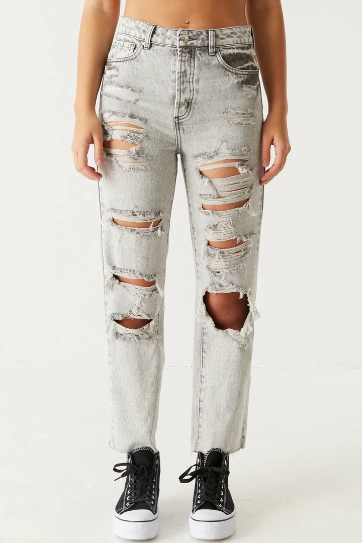 Stitches Ladies Refuge High-Rise Distressed Washed Grey Cropped Straight Leg Jean 2 Stitches Ladies Refuge High-Rise Distressed Washed Grey Cropped Straight Leg Jean