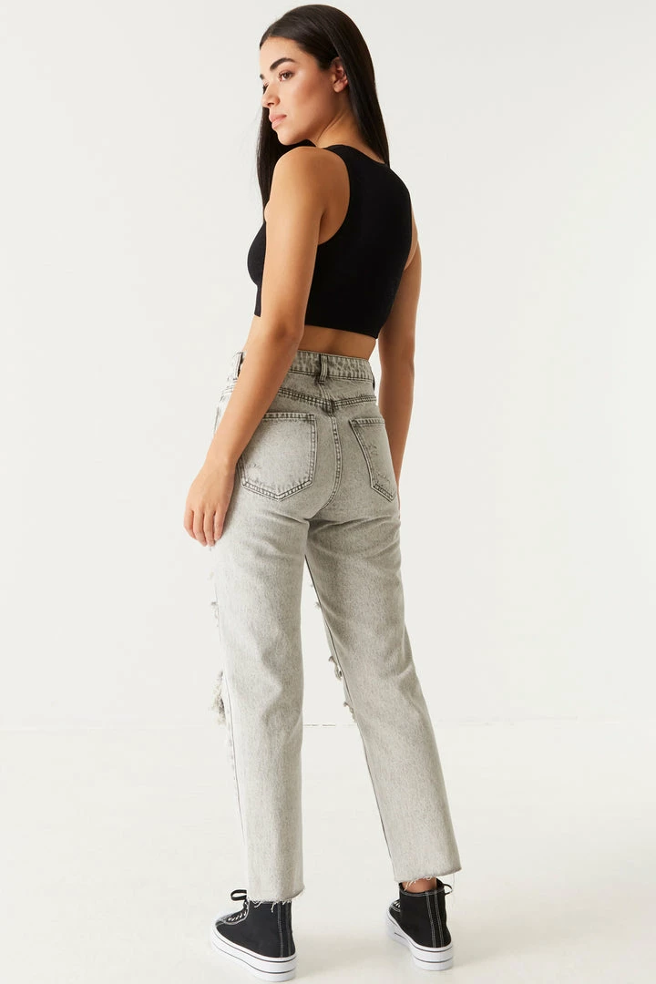 Stitches Ladies Refuge High-Rise Distressed Washed Grey Cropped Straight Leg Jean 3 Stitches Ladies Refuge High-Rise Distressed Washed Grey Cropped Straight Leg Jean