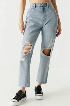 Stitches Ladies Refuge Ultra High-Rise Distressed Light Wash Cropped Mom Jean Refuge Jeans