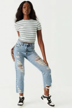Stitches Ladies Refuge Jeans Refuge High-Rise Distressed Acid Wash Straight Leg Cropped Jean