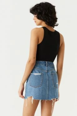 Stitches Ladies Refuge Jeans Refuge Raw Hem Distressed Medium Wash Denim Skirt