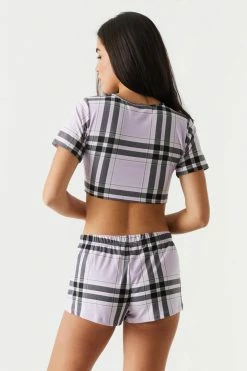 Stitches Ladies PJ's Soft Black Plaid Print Cropped T-Shirt And Short Pajama Set