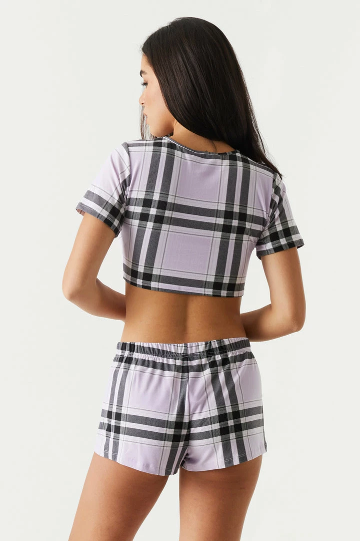 Stitches Ladies PJ's Soft Black Plaid Print Cropped T-Shirt And Short Pajama Set 2 Stitches Ladies PJ's Soft Black Plaid Print Cropped T-Shirt And Short Pajama Set
