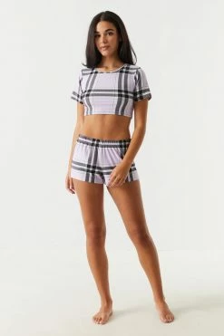 Stitches Ladies PJ's Soft Black Plaid Print Cropped T-Shirt And Short Pajama Set 5 Stitches Ladies PJ's Soft Black Plaid Print Cropped T-Shirt And Short Pajama Set