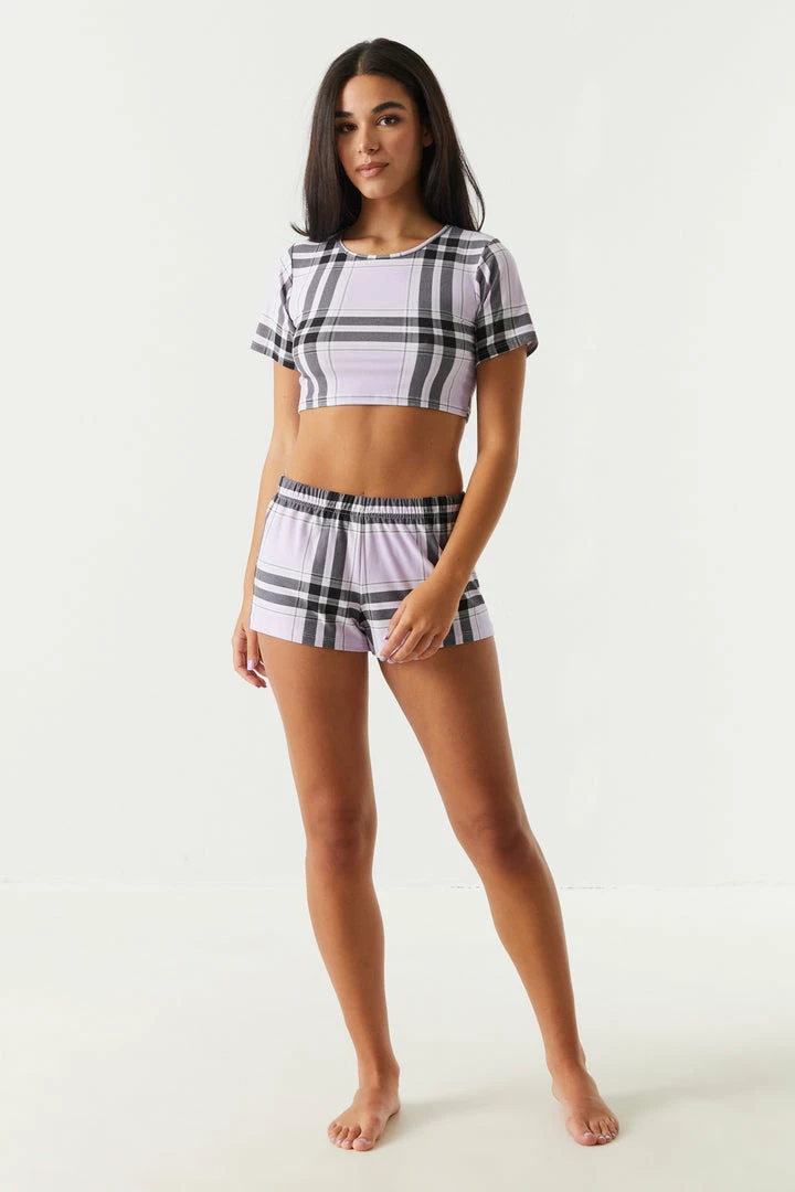 Stitches Ladies PJ's Soft Black Plaid Print Cropped T-Shirt And Short Pajama Set 3 Stitches Ladies PJ's Soft Black Plaid Print Cropped T-Shirt And Short Pajama Set