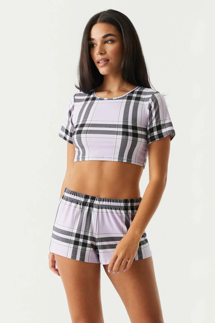 Stitches Ladies PJ's Soft Black Plaid Print Cropped T-Shirt And Short Pajama Set 1 Stitches Ladies PJ's Soft Black Plaid Print Cropped T-Shirt And Short Pajama Set