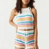 Stitches Ladies Tops Striped Self-Tie Crochet Halter Top