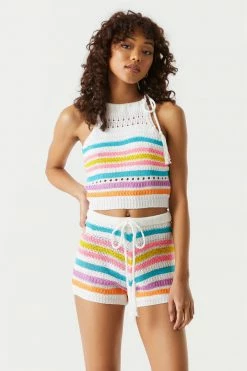 Stitches Ladies Tops Striped Self-Tie Crochet Halter Top