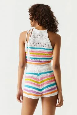 Stitches Ladies Tops Striped Self-Tie Crochet Halter Top