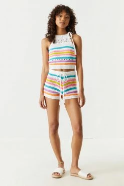 Stitches Ladies Tops Striped Self-Tie Crochet Halter Top