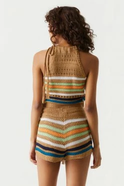 Stitches Ladies Tops Striped Self-Tie Crochet Halter Top