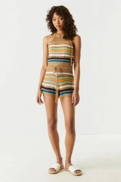 Stitches Ladies Tops Striped Self-Tie Crochet Halter Top