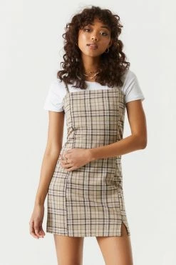 Stitches Ladies Bodycon Tan Plaid Leg Slit Mini Dress