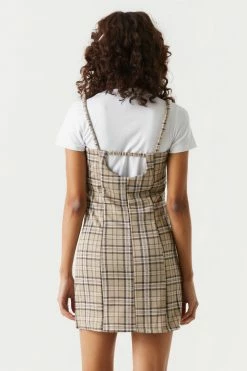 Stitches Ladies Bodycon Tan Plaid Leg Slit Mini Dress