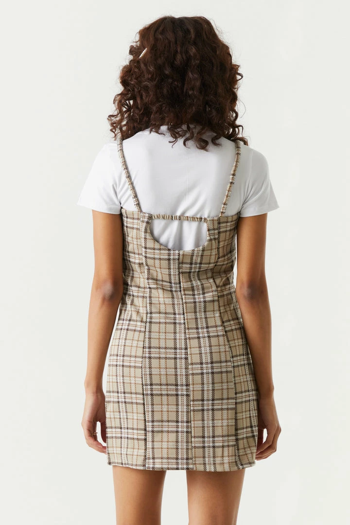 Stitches Ladies Bodycon Tan Plaid Leg Slit Mini Dress 2 Stitches Ladies Bodycon Tan Plaid Leg Slit Mini Dress