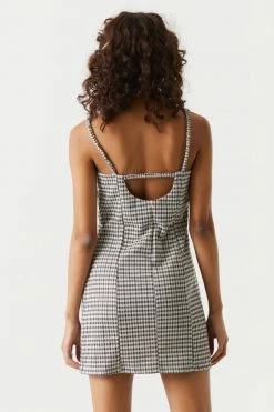 Stitches Ladies Houndstooth Plaid Leg Slit Mini Dress Bodycon