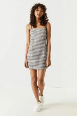 Stitches Ladies Houndstooth Plaid Leg Slit Mini Dress Bodycon