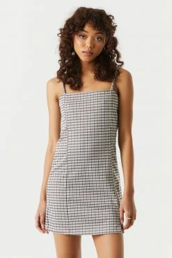 Stitches Ladies Houndstooth Plaid Leg Slit Mini Dress Bodycon