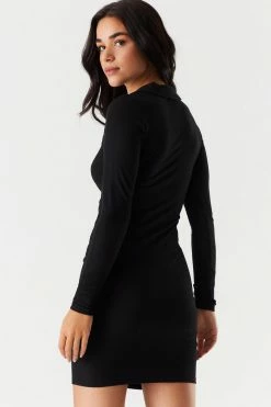 Stitches Ladies Soft Ribbed Ruched Polo Long Sleeve Dress Bodycon