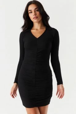 Stitches Ladies Soft Ribbed Ruched Polo Long Sleeve Dress Bodycon