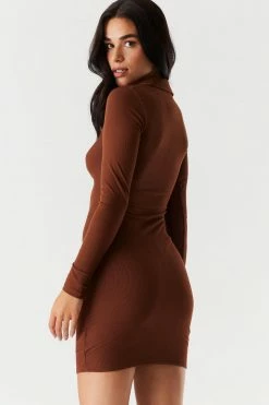 Stitches Ladies Soft Ribbed Ruched Polo Long Sleeve Dress Bodycon