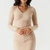 Stitches Ladies Soft Ribbed Ruched Polo Long Sleeve Dress Bodycon