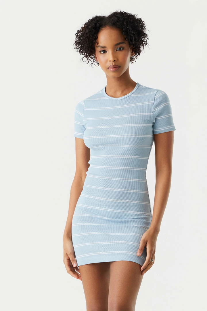 Stitches Ladies Ribbed Striped Crew Neck Bodycon Dress 7 Stitches Ladies Ribbed Striped Crew Neck Bodycon Dress