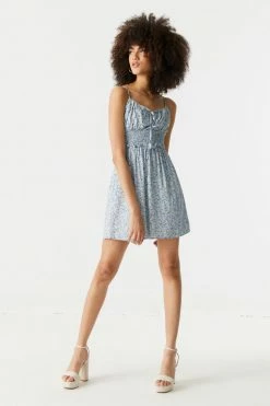 Stitches Ladies Blue Floral Print Smocked Waist Peasant Mini Dress 5 Stitches Ladies Blue Floral Print Smocked Waist Peasant Mini Dress