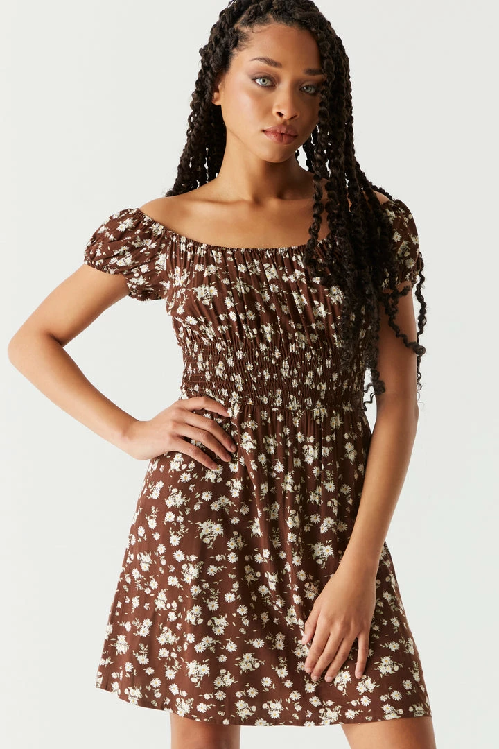 Stitches Ladies Brown Floral Smocked Milkmaid Mini Dress 1 Stitches Ladies Brown Floral Smocked Milkmaid Mini Dress