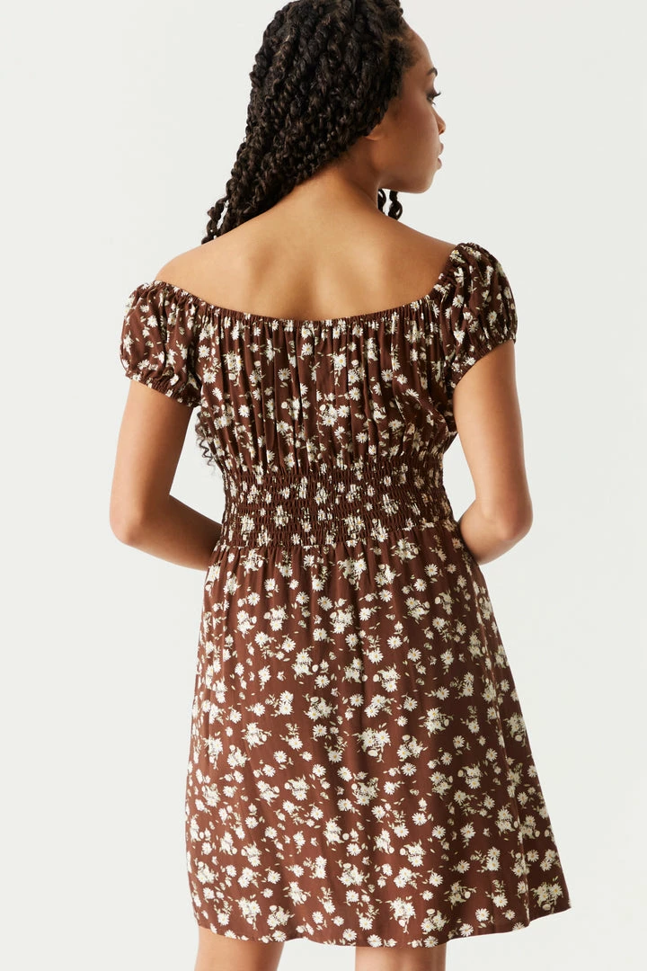 Stitches Ladies Brown Floral Smocked Milkmaid Mini Dress 2 Stitches Ladies Brown Floral Smocked Milkmaid Mini Dress