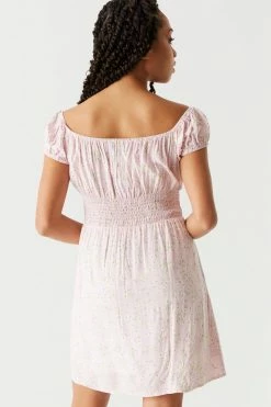 Stitches Ladies Pink Floral Smocked Milkmaid Mini Dress